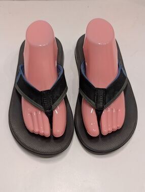 REEF Fanning Men’s 8 Flip-Flops Sandals & Sole Bottle Opener Black Blue Gray